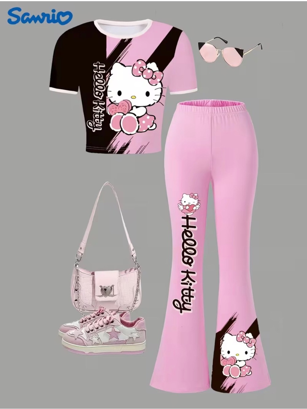 Sanrio Hello Kitty Pink/Black Girls 2-Piece Set Slim Fit Flare Size-7-8 Yrs. NEW